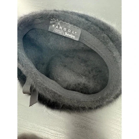 Kangol Black Furry Angora Beret‎ Bow Detail Made in England Vintage Y2K